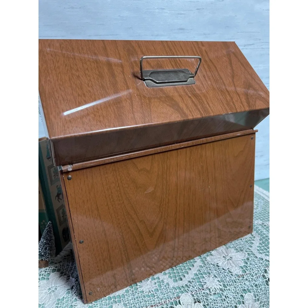 Vintage Wood Grain Litho Portafile Metal Box * Ballonoff * Ohio  Woodgrain File